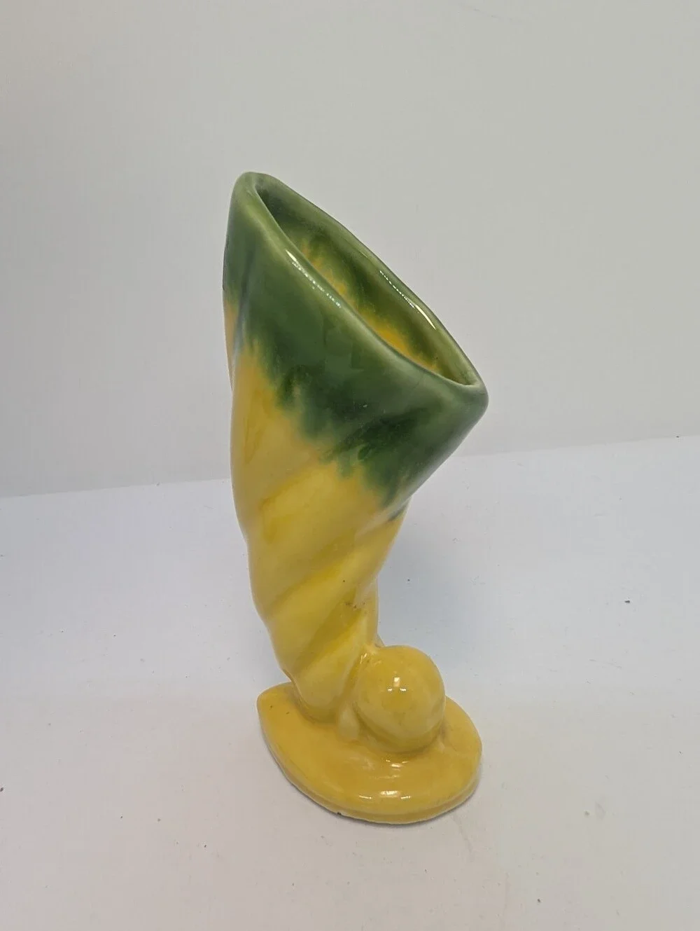 Vtg Shawnee Pottery Cornucopia Yellow and Green Swirl Mini Bud Vase